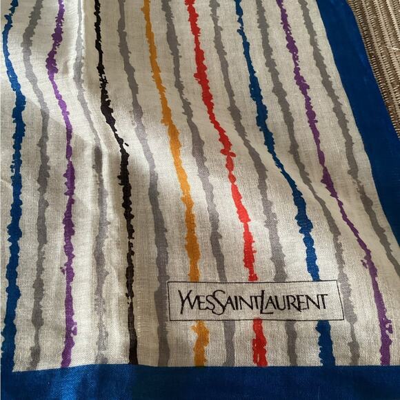 YSL VTG HANDKERCHIEF Blue Multi Color Stripe Cotton Square Scarf - Picture 2 of 3